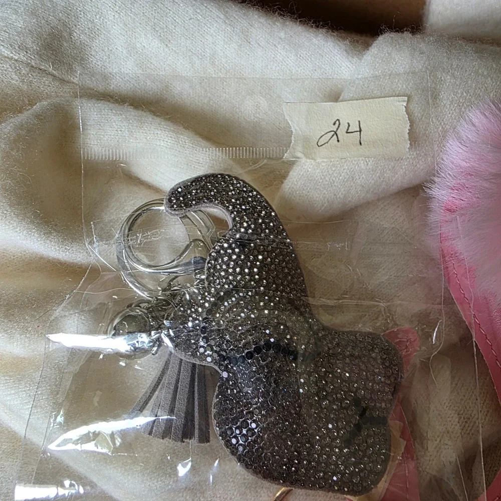 Grey Rhinestone Elephant Bag Charm Keychain with Tassel Silver Tone Hardware